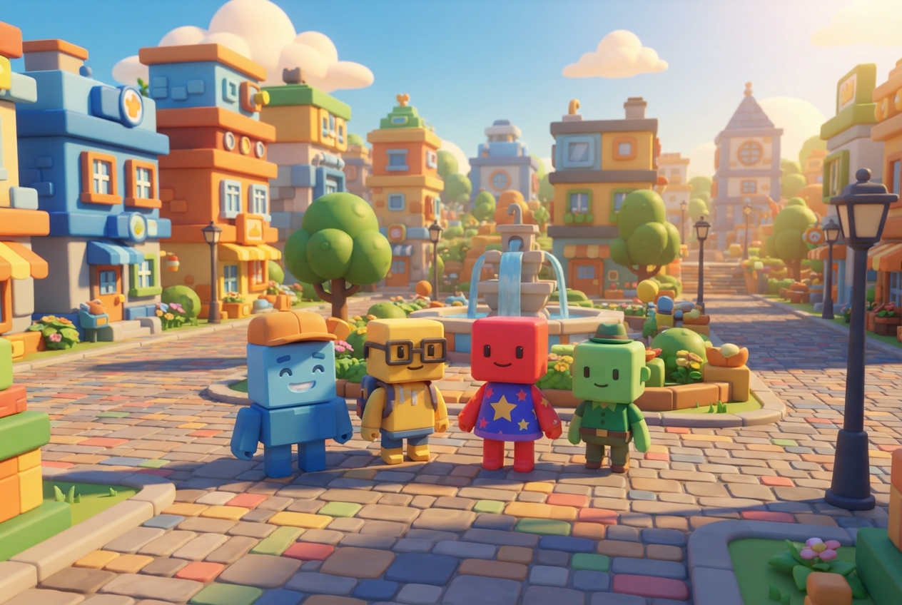 Four colorful block-shaped characters stand in a sunny town square beside a fountain.