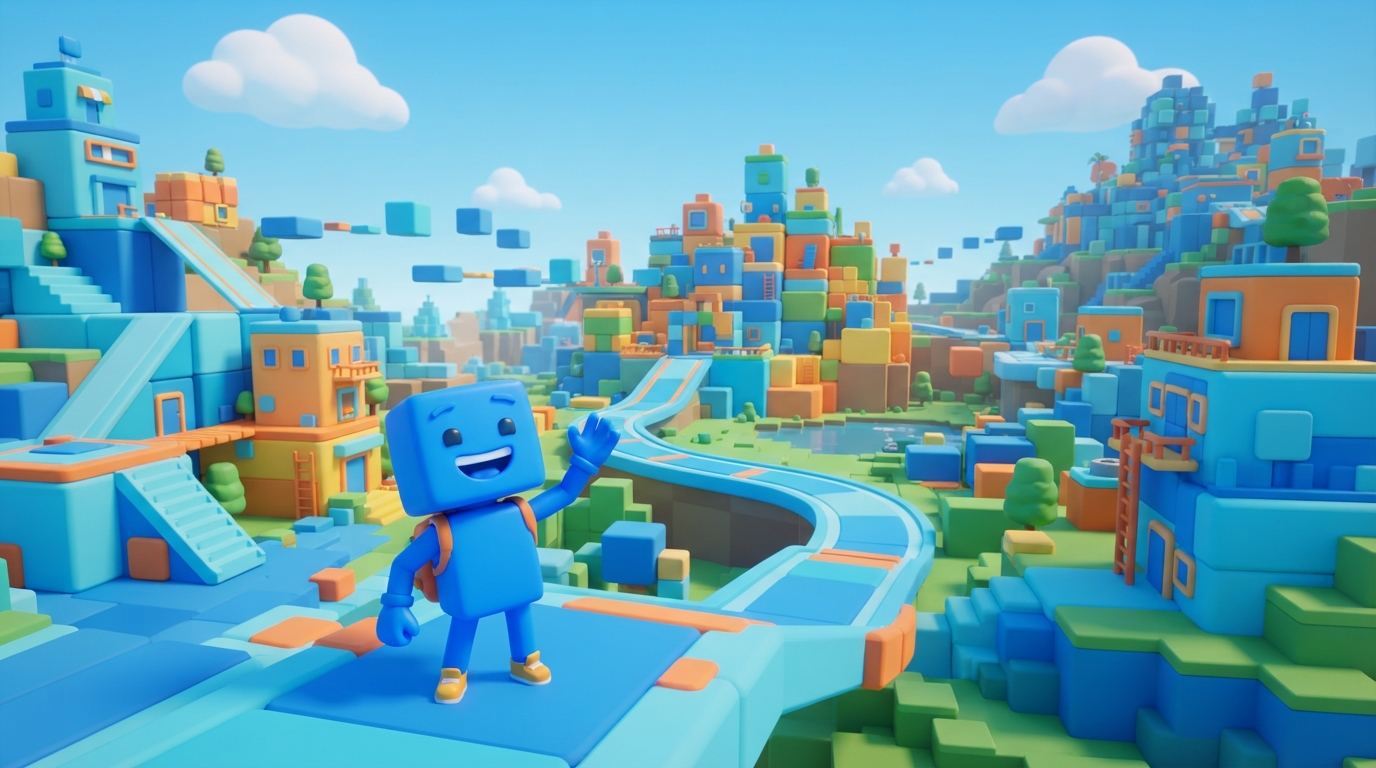 Blue block character waves beside a winding elevated track in a colorful toy-like city.