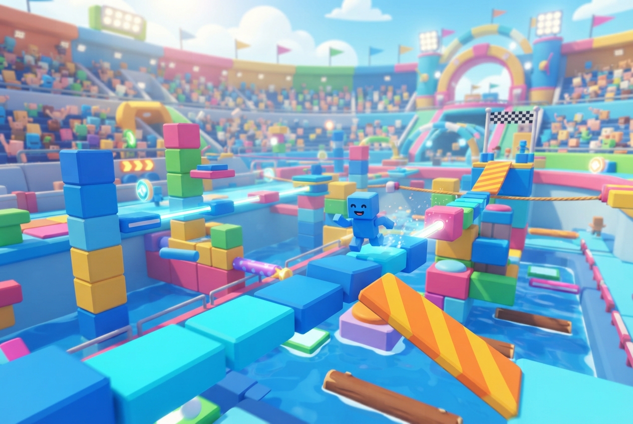 Colorful blocky obstacle course with a blue character jumping across platforms in a stadium.
