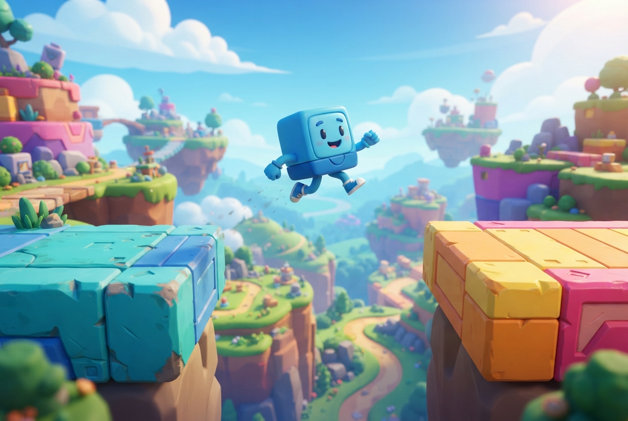 Blue cartoon robot jumping between turquoise and orange-pink platforms above a colorful floating-island landscape.
